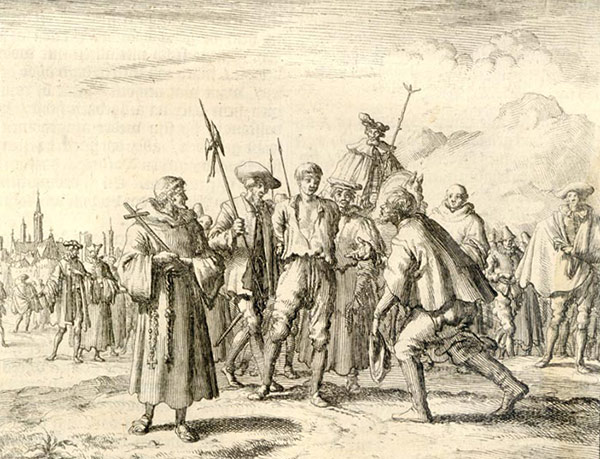 drawing of an Anabaptist surrounded by soldiers