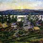 a painting of a sunset over the Volga River