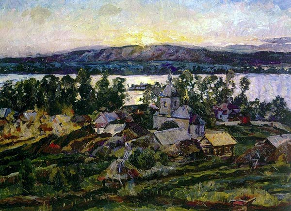 a painting of a sunset over the Volga River