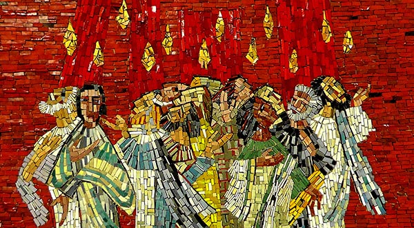 painting of flames above the heads of the disciples at Pentecost