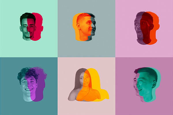 Collage of young people's faces, heads with colored silhouette, shadow isolated on light background.