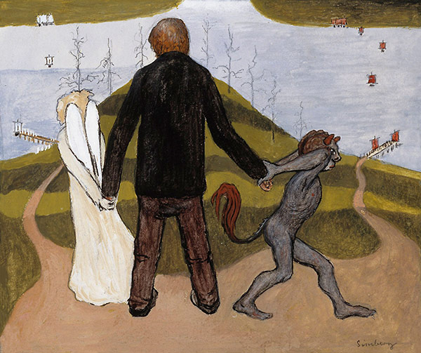 A man being led by and angel and pulled by a devil