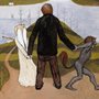 A man being led by and angel and pulled by a devil