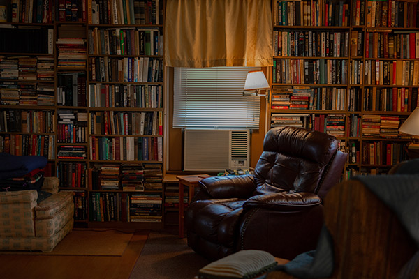 a room with bookshelves and a comfortable recliner