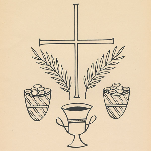 Rudolf Koch print, a cross with palm branches, bread and wine. The divine food.