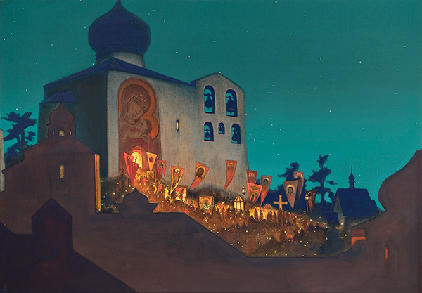 painting of an Easter procession outside a Russian church