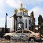 Damaged church and burned car in Irpin, Ukraine