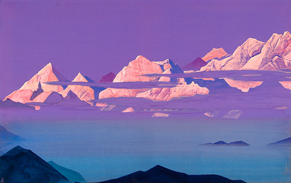 painting of snow covered mountains against a lavender sky