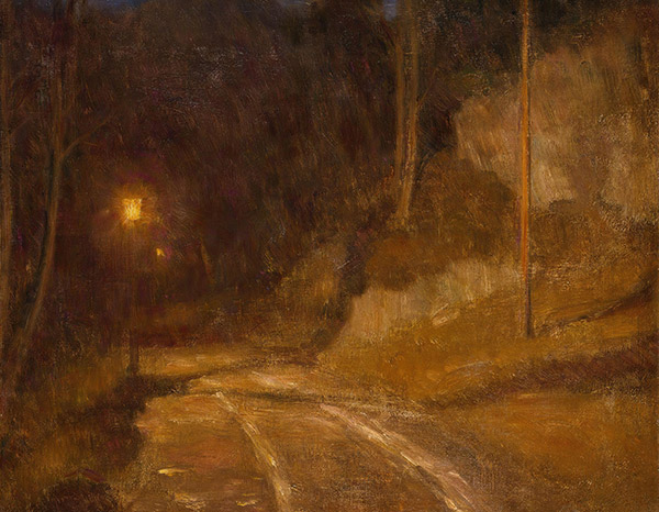 painting of a bright lampost at night