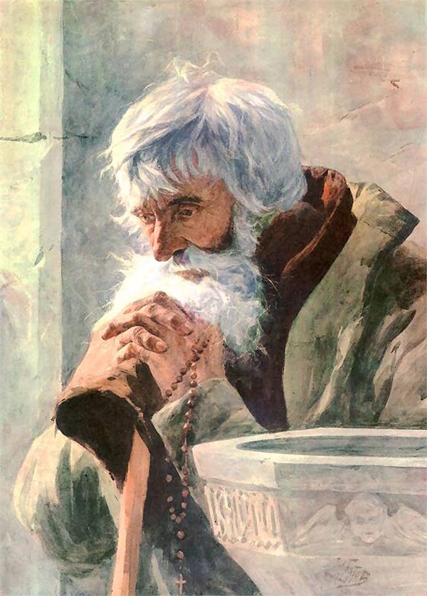 painting of an old man praying