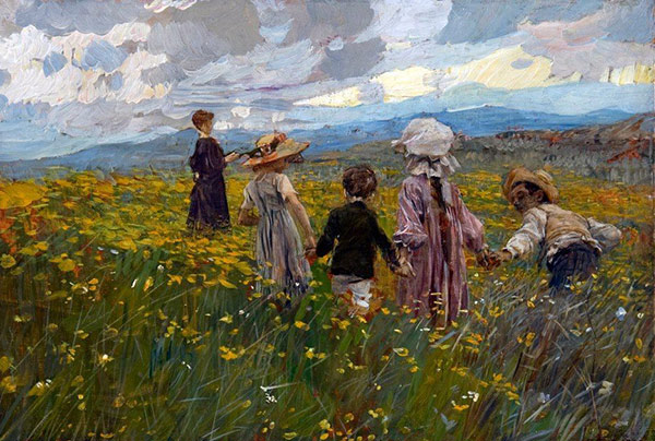 children in a blooming meadow