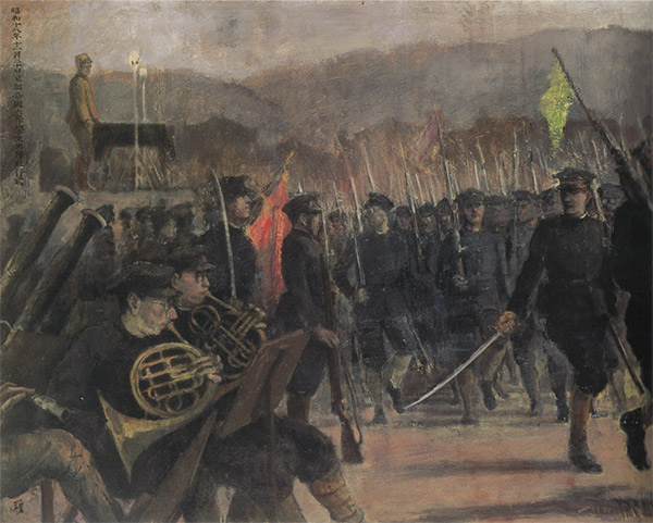 painting of young men marching off to war