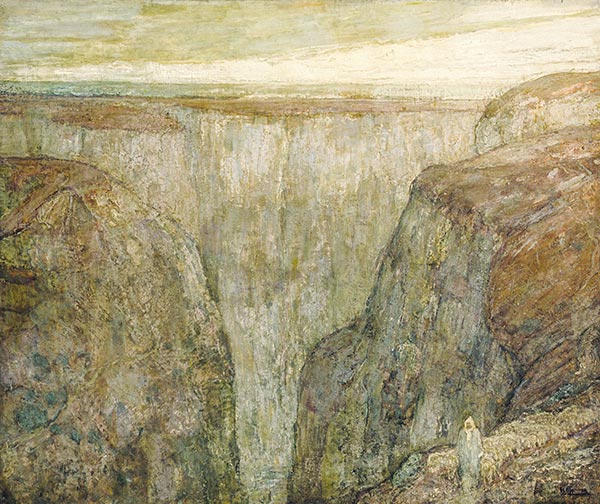 painting of The Good Shepherd with a flock of sheep above steep cliffs