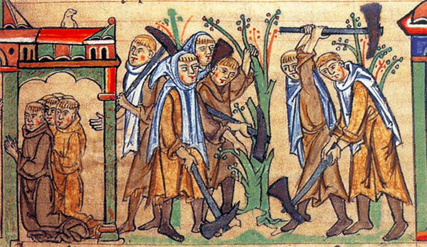 monks chopping a tree with axes