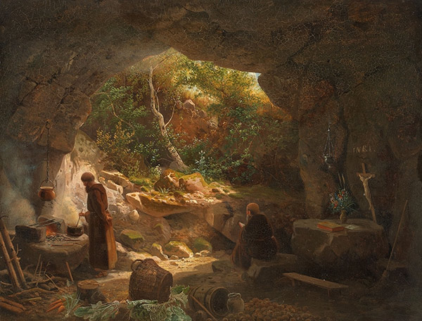 two hermits cooking and reading in a cave