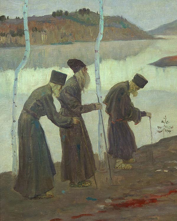 painting of three old hermits walking by a river