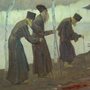 painting of three old hermits walking by a river