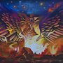 mural of a phoenix rising from a city on fire