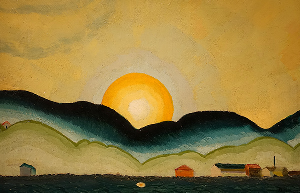 painting of the sun rising over mountains
