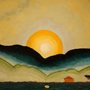 painting of the sun rising over mountains