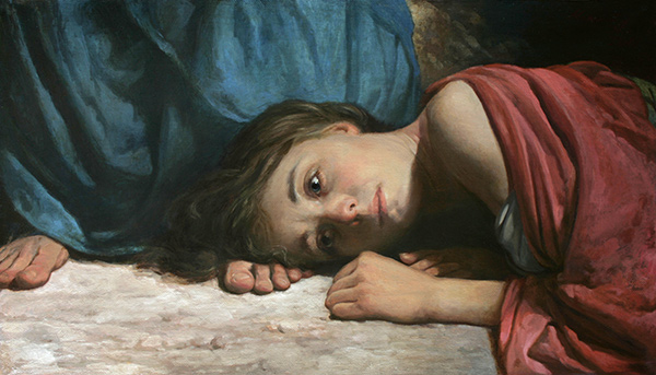 a woman lying at the feet of Jesus