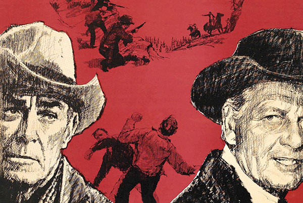 red, black and white illustration of scenes from a Western movie