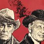 red, black and white illustration of two cowboys
