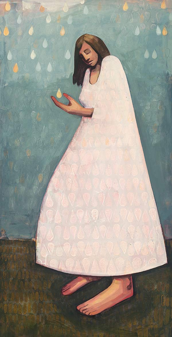The Heavens Wept with Me von Caitlin Connolly. Gemälde einer Frau, die eine Träne in der Hand hält.