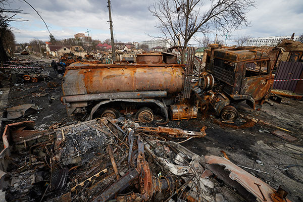 Wreckage after combat in Bucha, Ukraine