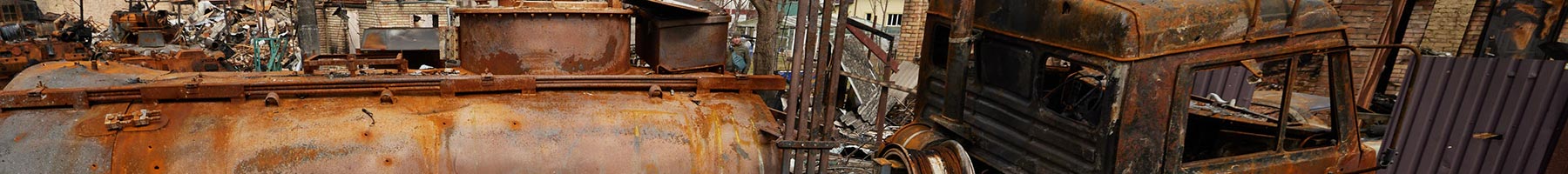 Wreckage after combat in Bucha, Ukraine