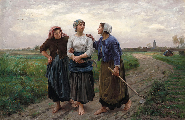 three farming women walking down a dirt road