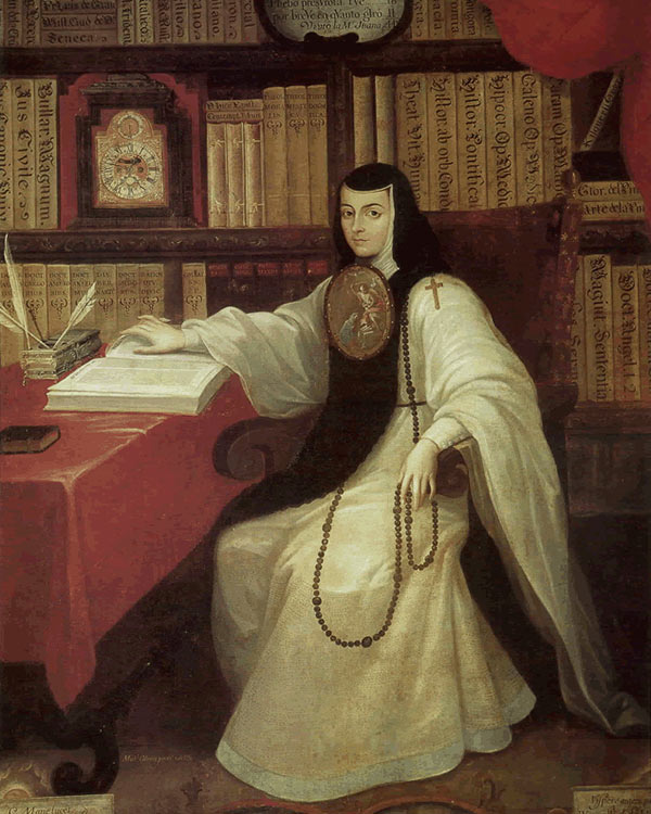 painting of Sor Juana Inés de la Cruz seated at a desk
