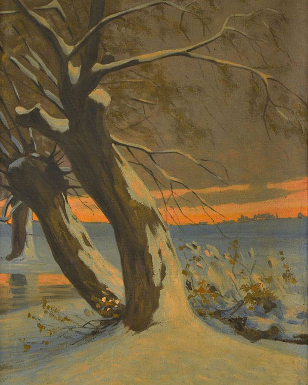 painting of snow covered trees at sunset