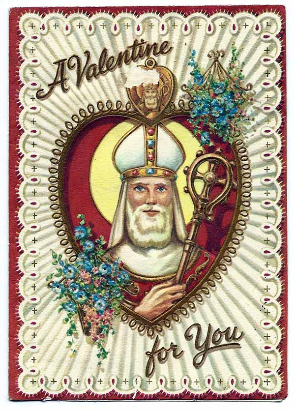 illustration of St. Valentine on a vintage greeting card