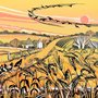 linocut of a harvest field