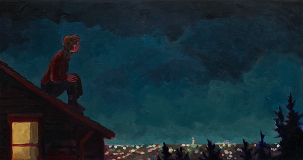 painting of a man sitting on a rooftop at night