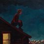 painting of a man sitting on a rooftop at night