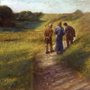 Jesus walking with two disciples on a path