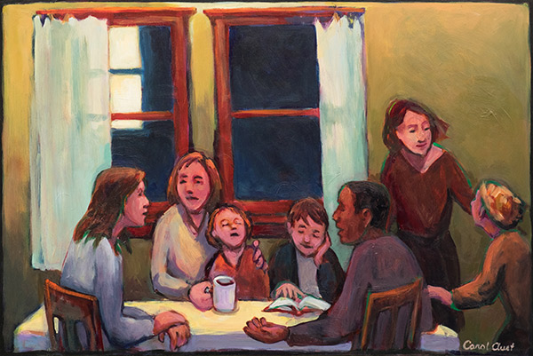 painting of people talking around a table
