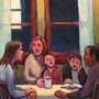 painting of people talking around a table