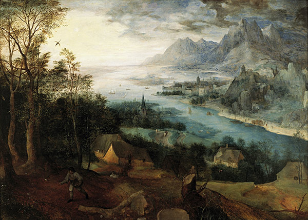 a man sowing seeds in a field above a valley with a river
