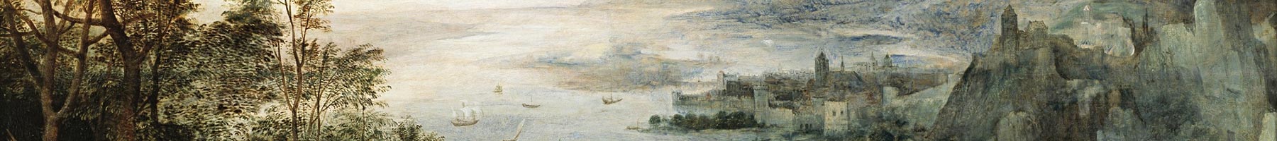 landscape painting of towns and castles along a shore