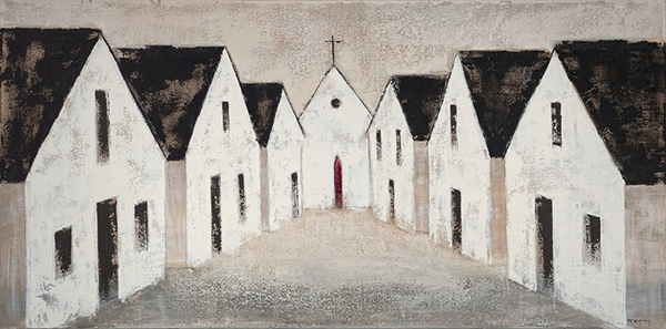 painting of a church at the end of a street