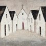 painting of a church at the end of a street
