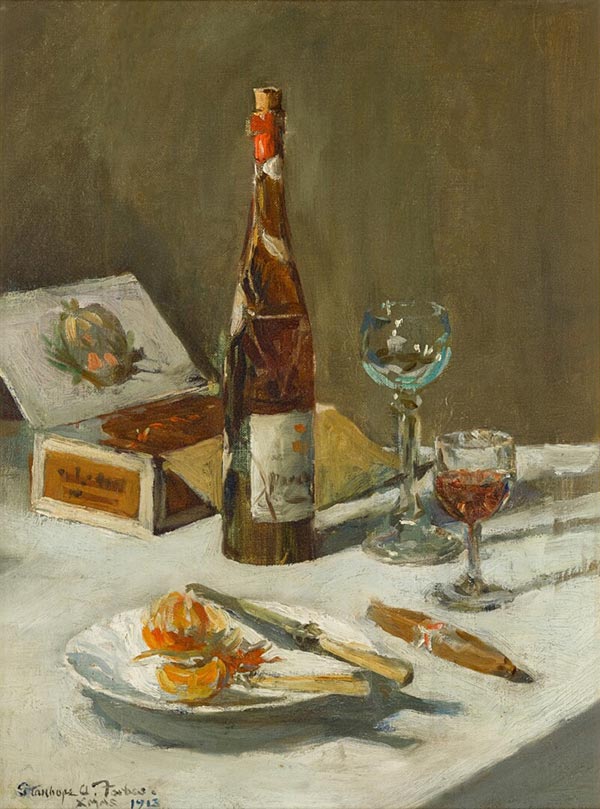 still life of bottle, glasses and a cigar box