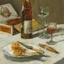 still life of bottle, glasses and a cigar box