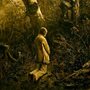 a man kneeling and praying in a forest