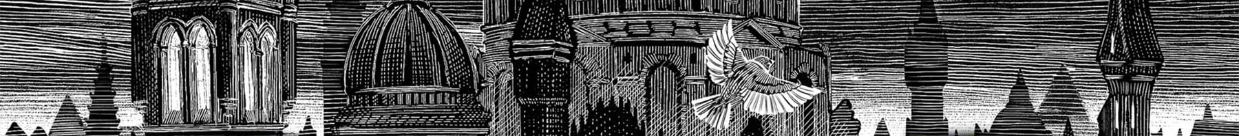 black and white illustration of a city