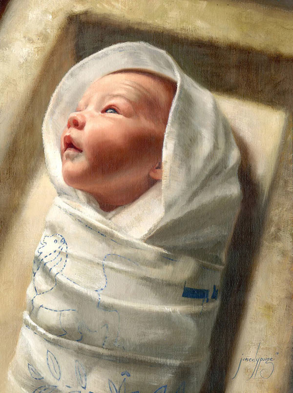 painting of Baby Jesus lying in a manger