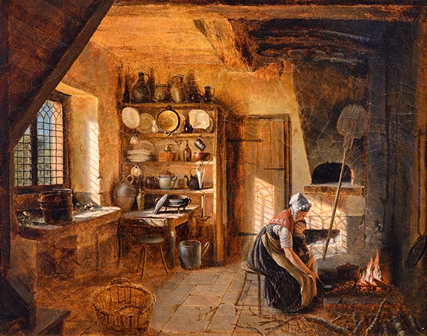 a woman tending a fire in a thatched cottage